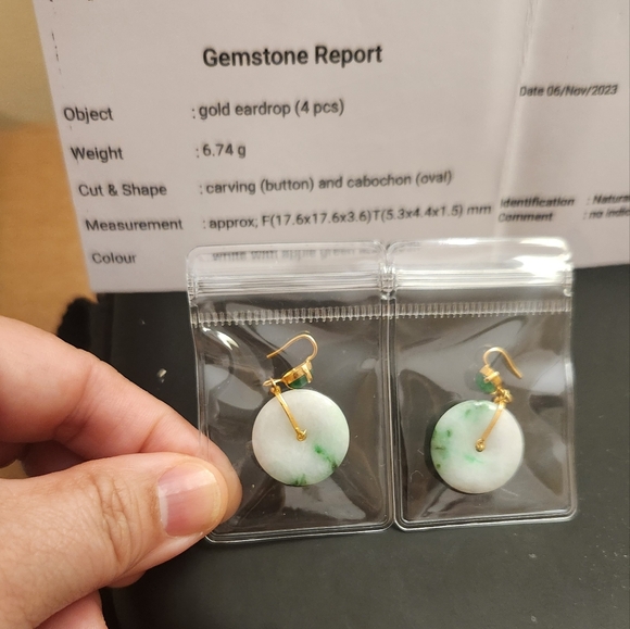 Natural burmese jadeite jade lucky coin earrings with 22K burmese yellow gold - Picture 2 of 3